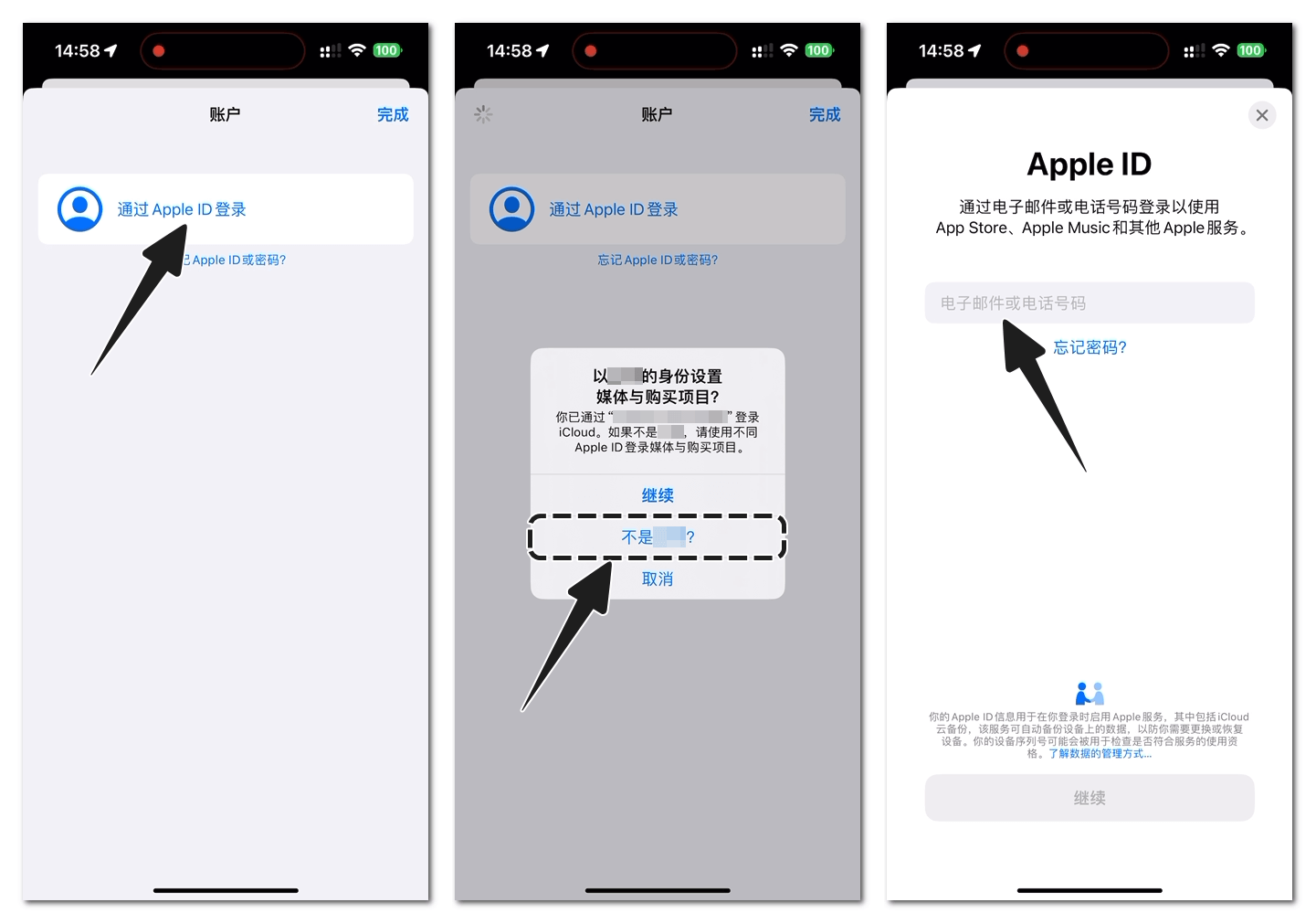 通过 Apple ID 登录并选择不是本人