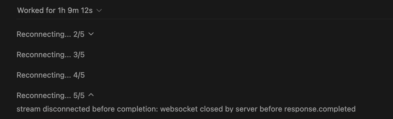macOS 用户的 Codex 截图,显示 Reconnecting 2/5 至 5/5 和 WebSocket 提前关闭错误