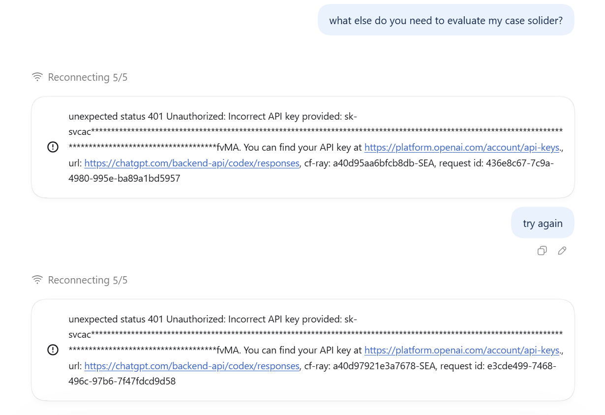 另一位 Codex 用户的截图显示 Reconnecting 5/5 后出现 HTTP 401 Unauthorized