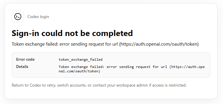 VS Code Dev Container 用户上传的 Codex 登录失败截图,显示 token_exchange_failed