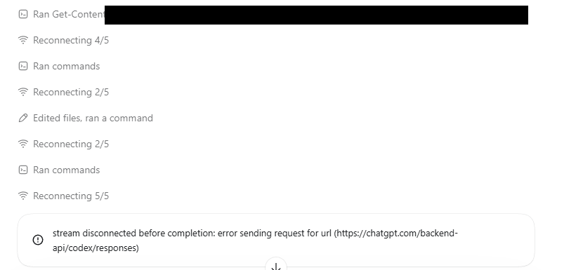 Codex 用户截图显示 Reconnecting 5/5 和 stream disconnected before completion 完整错误