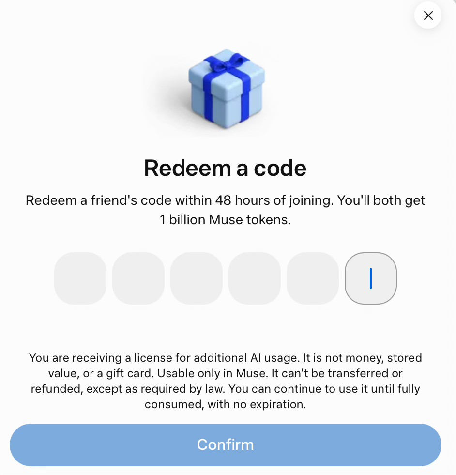 Muse web invite-code form showing the 48-hour window and reward terms